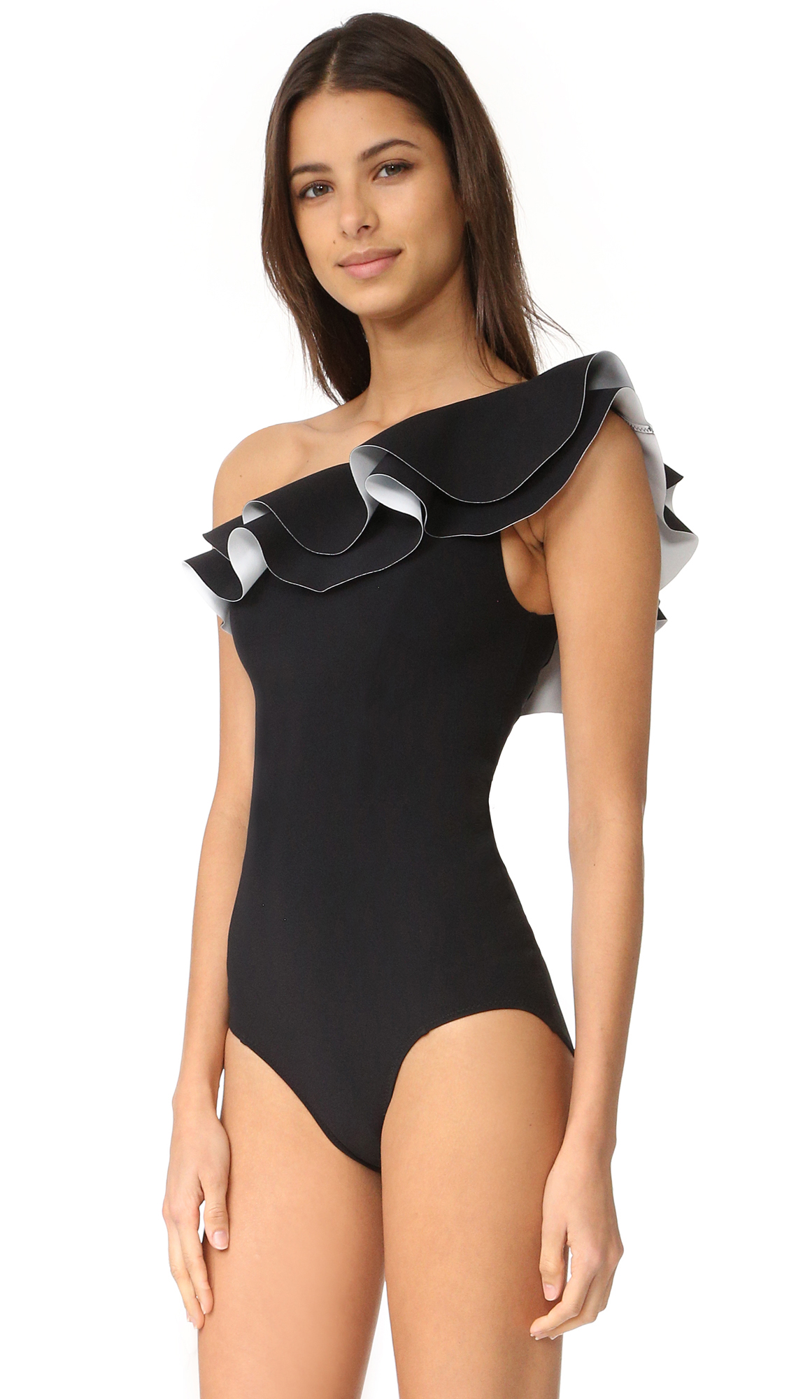 F4718 Layered Ruffle One Shoulder One Piece Swimsuit in Black